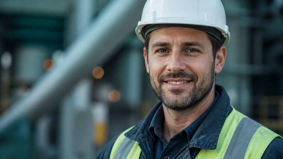 Supervisor sonriente con casco y chaleco reflectivo